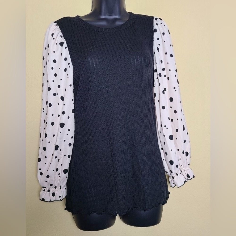Ces Femme Black Top with Polka Dot Sleeves